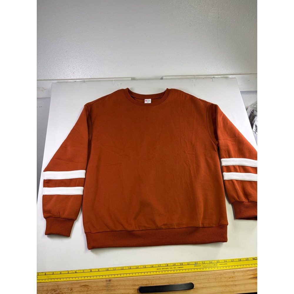 WIHOLL Womens Burnt Orange Striped Sleeve Crewneck Fleece Sweatshirt Size M NWT